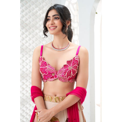 PRITI SAHNI DESIGNS Pink Floral Embroidered Blouse with Lehenga & Dupatta