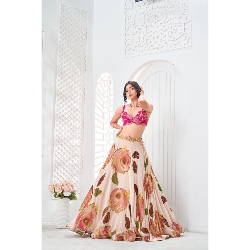 PRITI SAHNI DESIGNS Pink Floral Embroidered Blouse with Lehenga & Dupatta