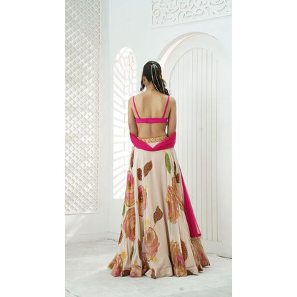 PRITI SAHNI DESIGNS Pink Floral Embroidered Blouse with Lehenga & Dupatta