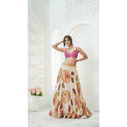 PRITI SAHNI DESIGNS Pink Floral Embroidered Blouse with Lehenga & Dupatta