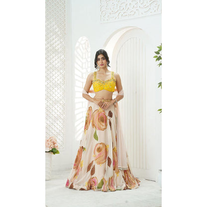 PRITI SAHNI DESIGNS Yellow Sequin Embroidered Blouse with Lehenga & Dupatta