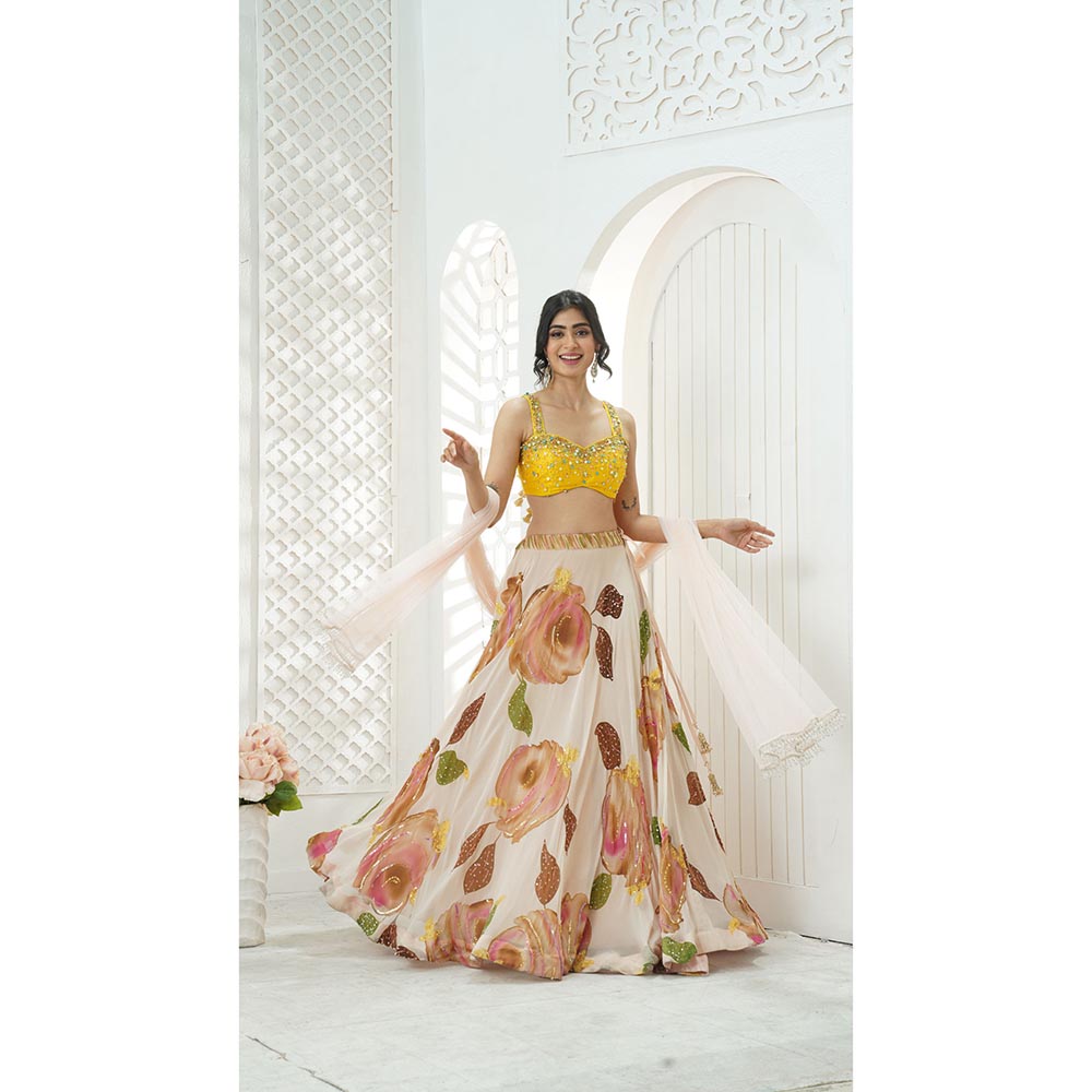PRITI SAHNI DESIGNS Yellow Sequin Embroidered Blouse with Lehenga & Dupatta