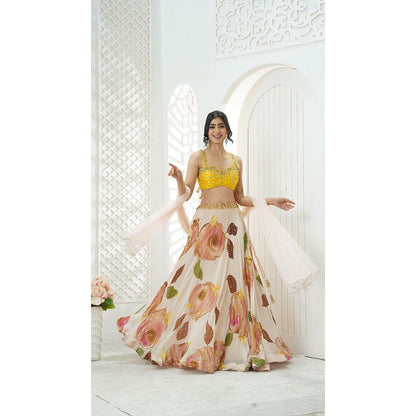 PRITI SAHNI DESIGNS Yellow Sequin Embroidered Blouse with Lehenga & Dupatta