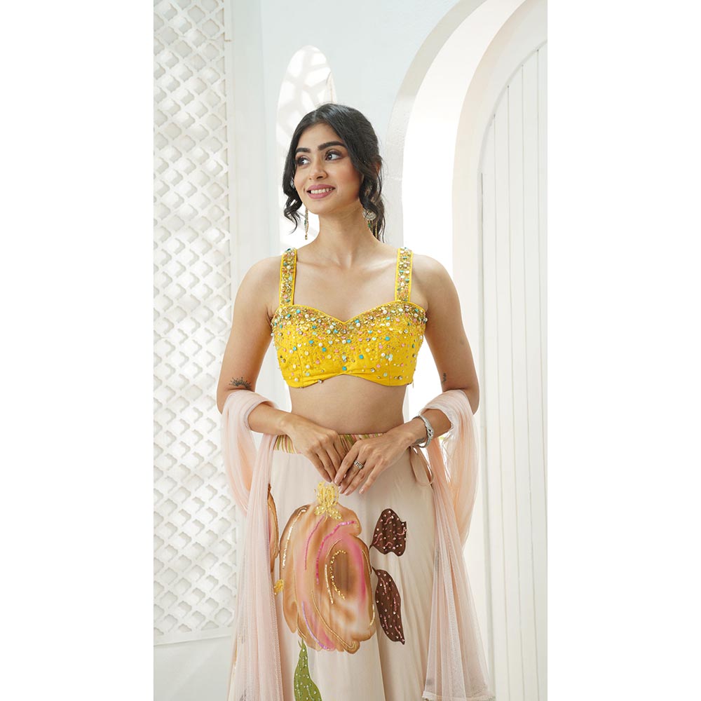 PRITI SAHNI DESIGNS Yellow Sequin Embroidered Blouse with Lehenga & Dupatta