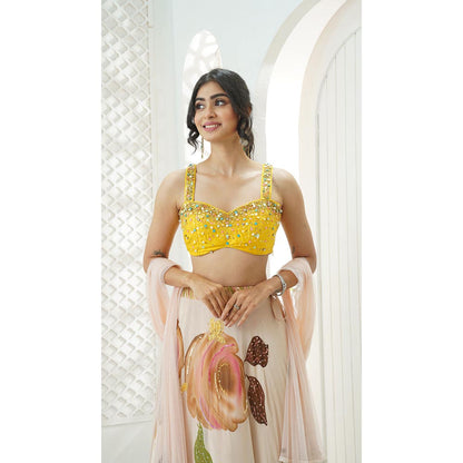 PRITI SAHNI DESIGNS Yellow Sequin Embroidered Blouse with Lehenga & Dupatta
