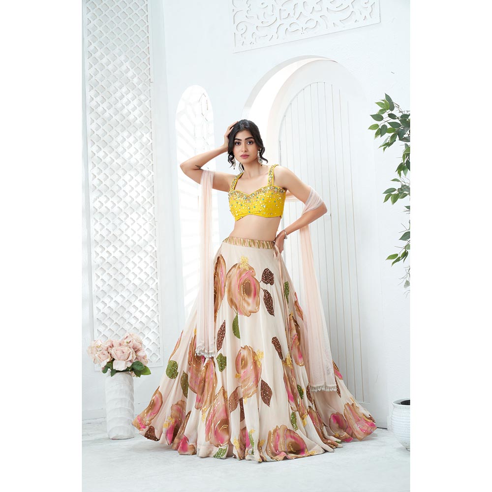 PRITI SAHNI DESIGNS Yellow Sequin Embroidered Blouse with Lehenga & Dupatta