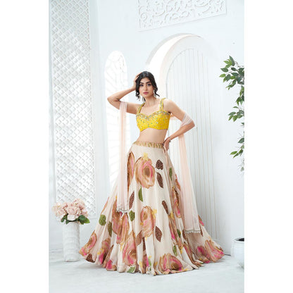 PRITI SAHNI DESIGNS Yellow Sequin Embroidered Blouse with Lehenga & Dupatta
