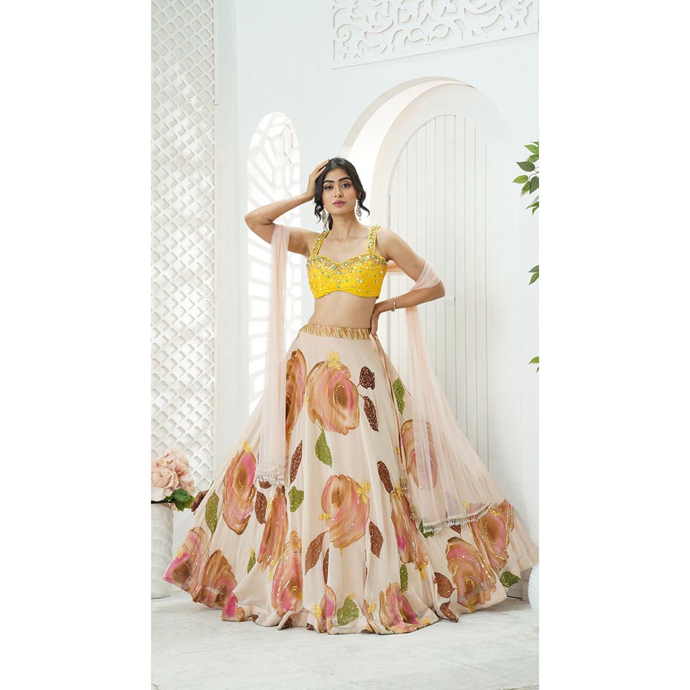 PRITI SAHNI DESIGNS Yellow Sequin Embroidered Blouse with Lehenga & Dupatta