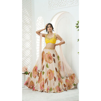 PRITI SAHNI DESIGNS Yellow Sequin Embroidered Blouse with Lehenga & Dupatta