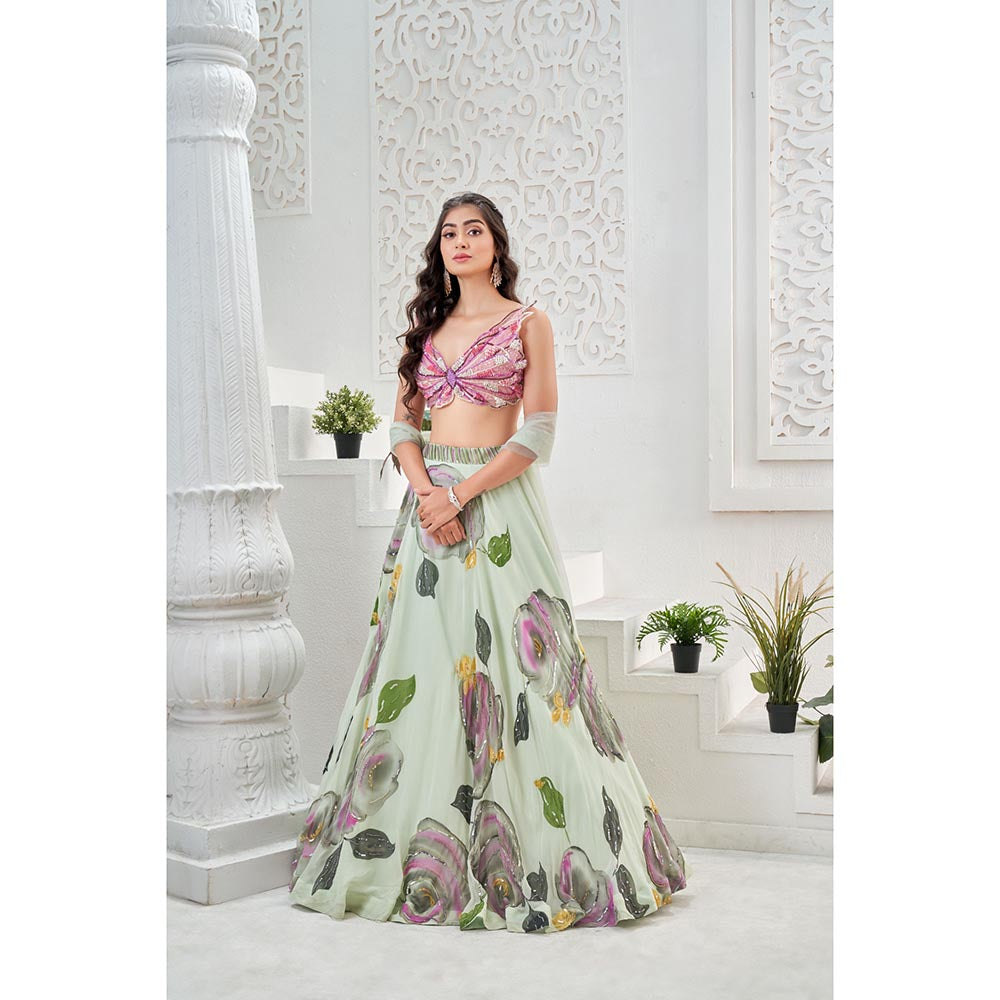 PRITI SAHNI DESIGNS Mint Green Embroidered Blouse with Lehenga & Dupatta