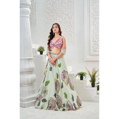 PRITI SAHNI DESIGNS Mint Green Embroidered Blouse with Lehenga & Dupatta