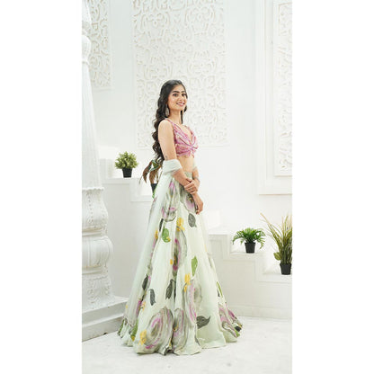 PRITI SAHNI DESIGNS Mint Green Embroidered Blouse with Lehenga & Dupatta