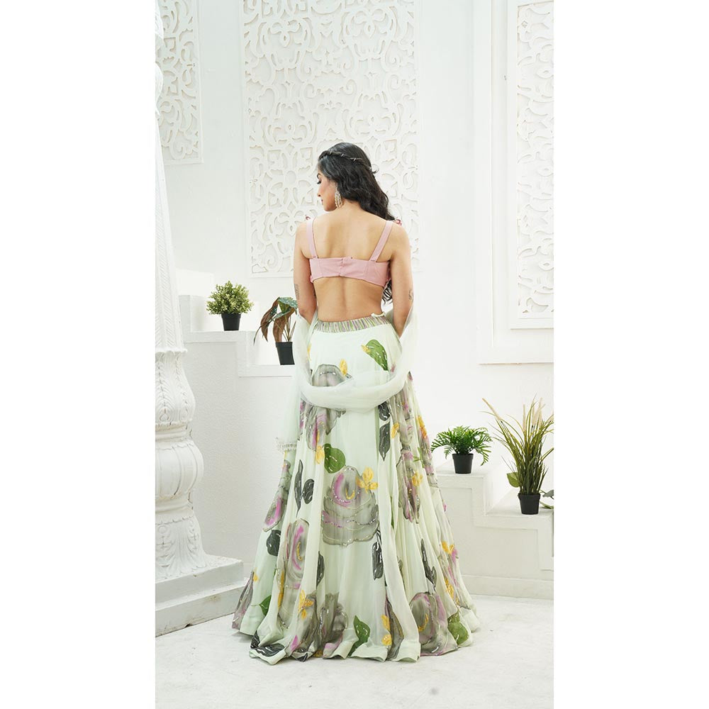 PRITI SAHNI DESIGNS Mint Green Embroidered Blouse with Lehenga & Dupatta