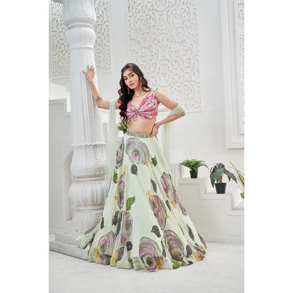 PRITI SAHNI DESIGNS Mint Green Embroidered Blouse with Lehenga & Dupatta
