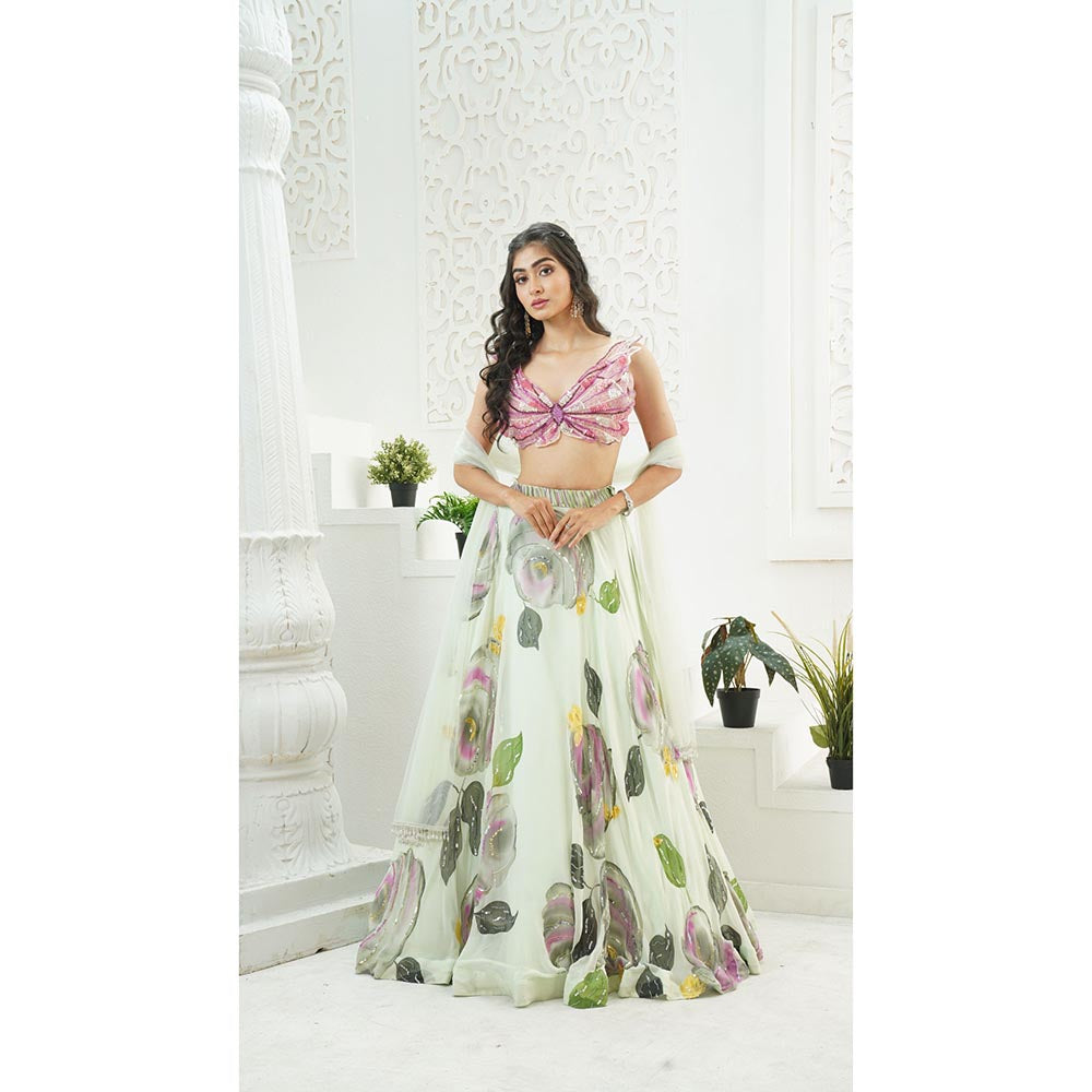 PRITI SAHNI DESIGNS Mint Green Embroidered Blouse with Lehenga & Dupatta