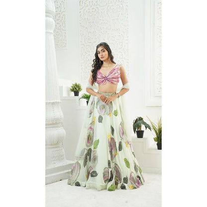 PRITI SAHNI DESIGNS Mint Green Embroidered Blouse with Lehenga & Dupatta