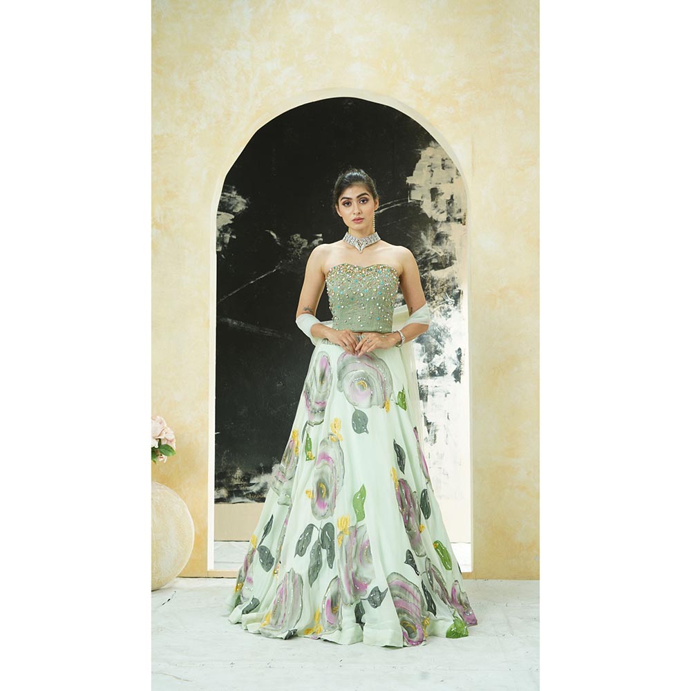 PRITI SAHNI DESIGNS Mint Green Embroidered Blouse with Lehenga & Dupatta