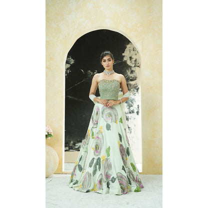 PRITI SAHNI DESIGNS Mint Green Embroidered Blouse with Lehenga & Dupatta