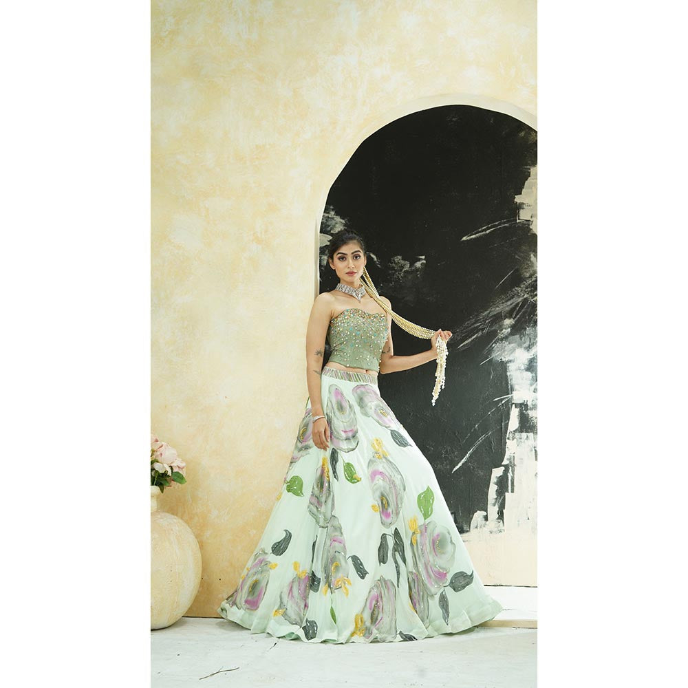 PRITI SAHNI DESIGNS Mint Green Embroidered Blouse with Lehenga & Dupatta