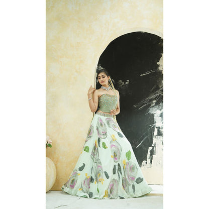 PRITI SAHNI DESIGNS Mint Green Embroidered Blouse with Lehenga & Dupatta