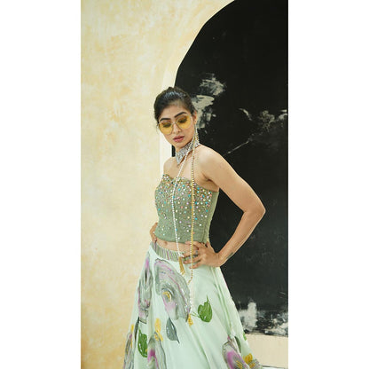 PRITI SAHNI DESIGNS Mint Green Embroidered Blouse with Lehenga & Dupatta