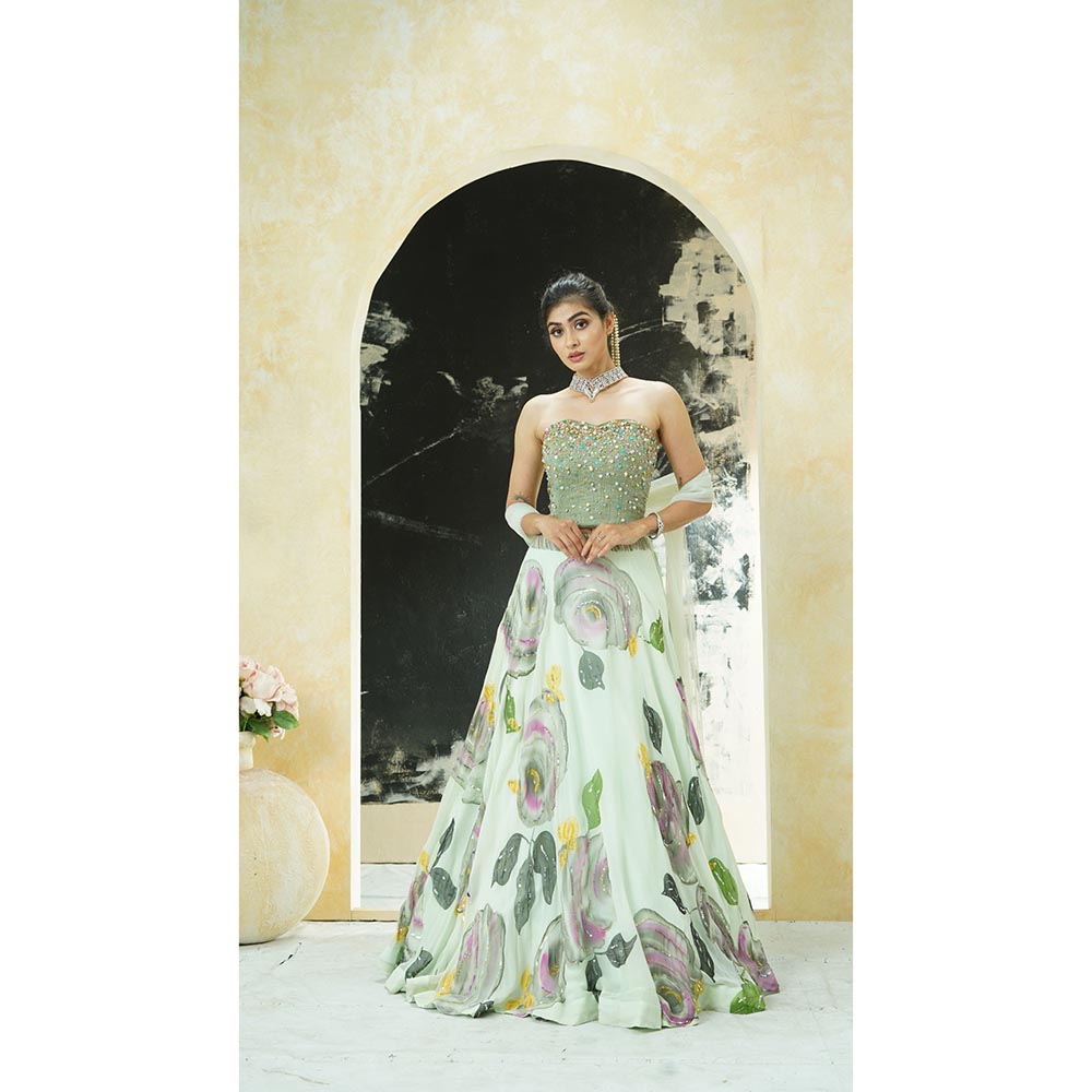 PRITI SAHNI DESIGNS Mint Green Embroidered Blouse with Lehenga & Dupatta