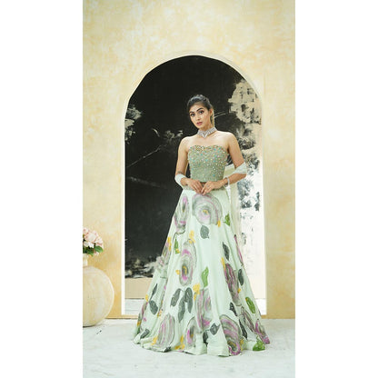 PRITI SAHNI DESIGNS Mint Green Embroidered Blouse with Lehenga & Dupatta