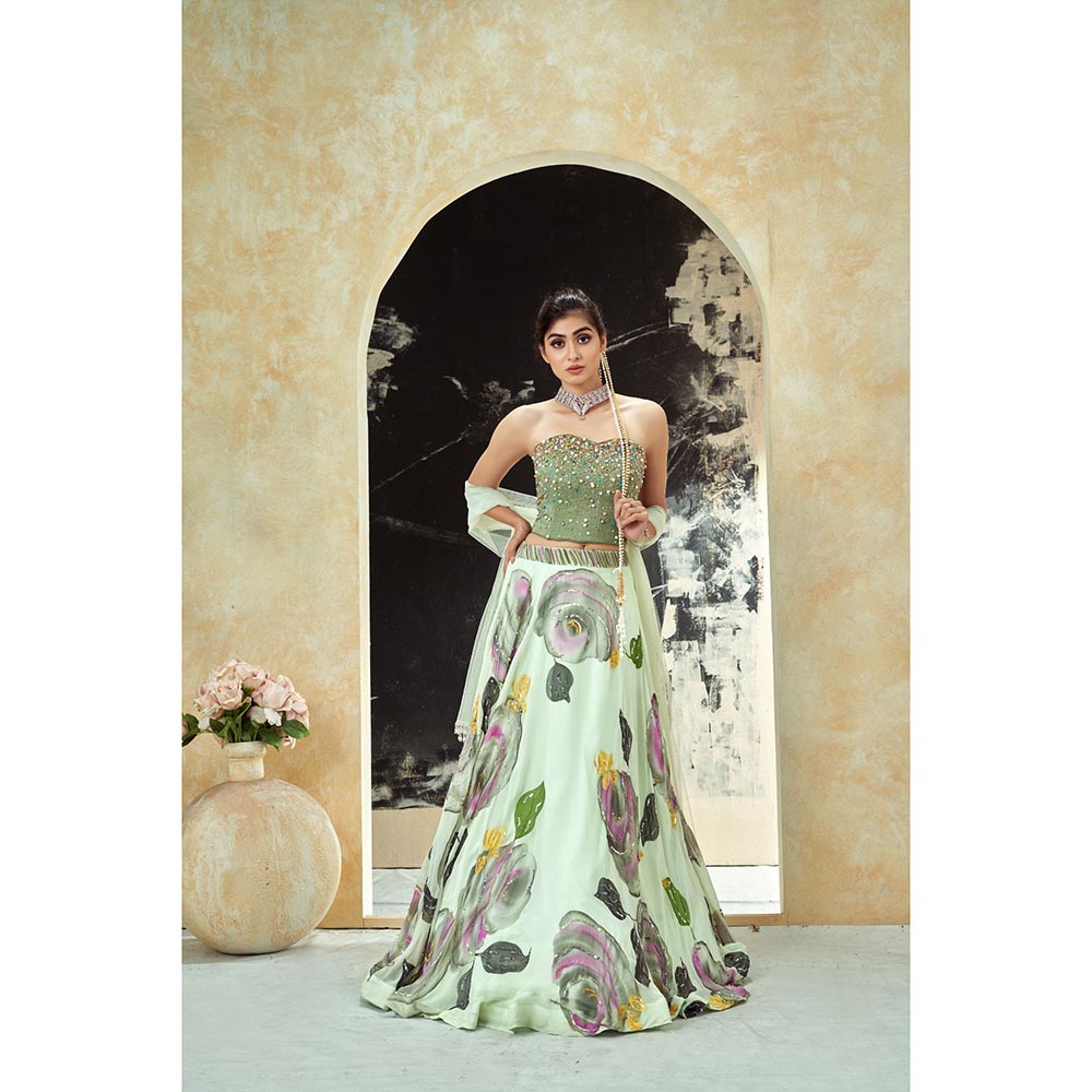 PRITI SAHNI DESIGNS Mint Green Embroidered Blouse with Lehenga & Dupatta