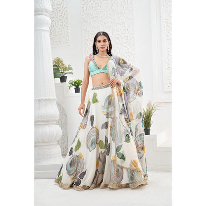 PRITI SAHNI DESIGNS Ivory Embroidered Blouse with Lehenga & Dupatta
