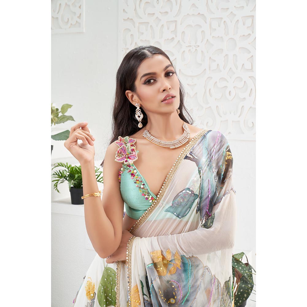 PRITI SAHNI DESIGNS Ivory Embroidered Blouse with Lehenga & Dupatta
