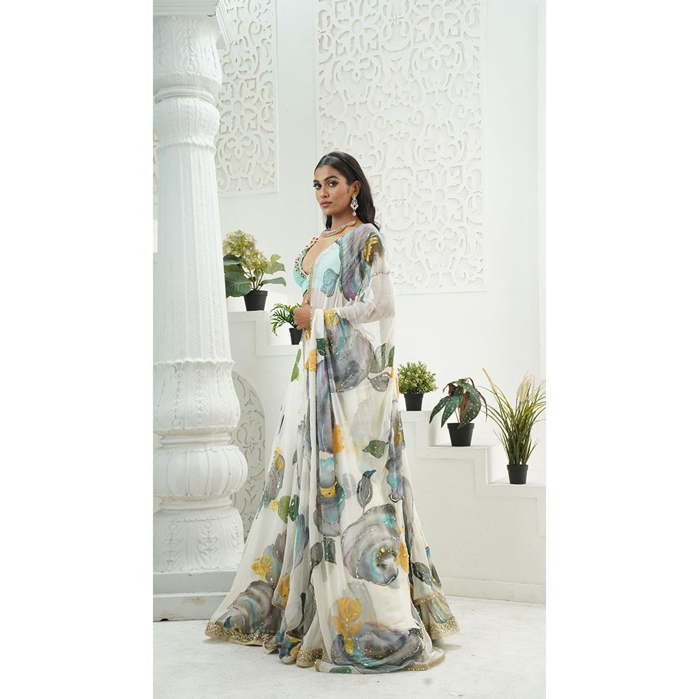 PRITI SAHNI DESIGNS Ivory Embroidered Blouse with Lehenga & Dupatta