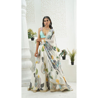 PRITI SAHNI DESIGNS Ivory Embroidered Blouse with Lehenga & Dupatta