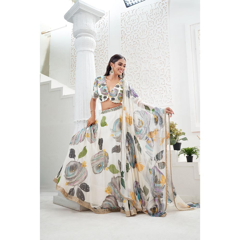 PRITI SAHNI DESIGNS Ivory Embroidered Blouse with Lehenga & Dupatta