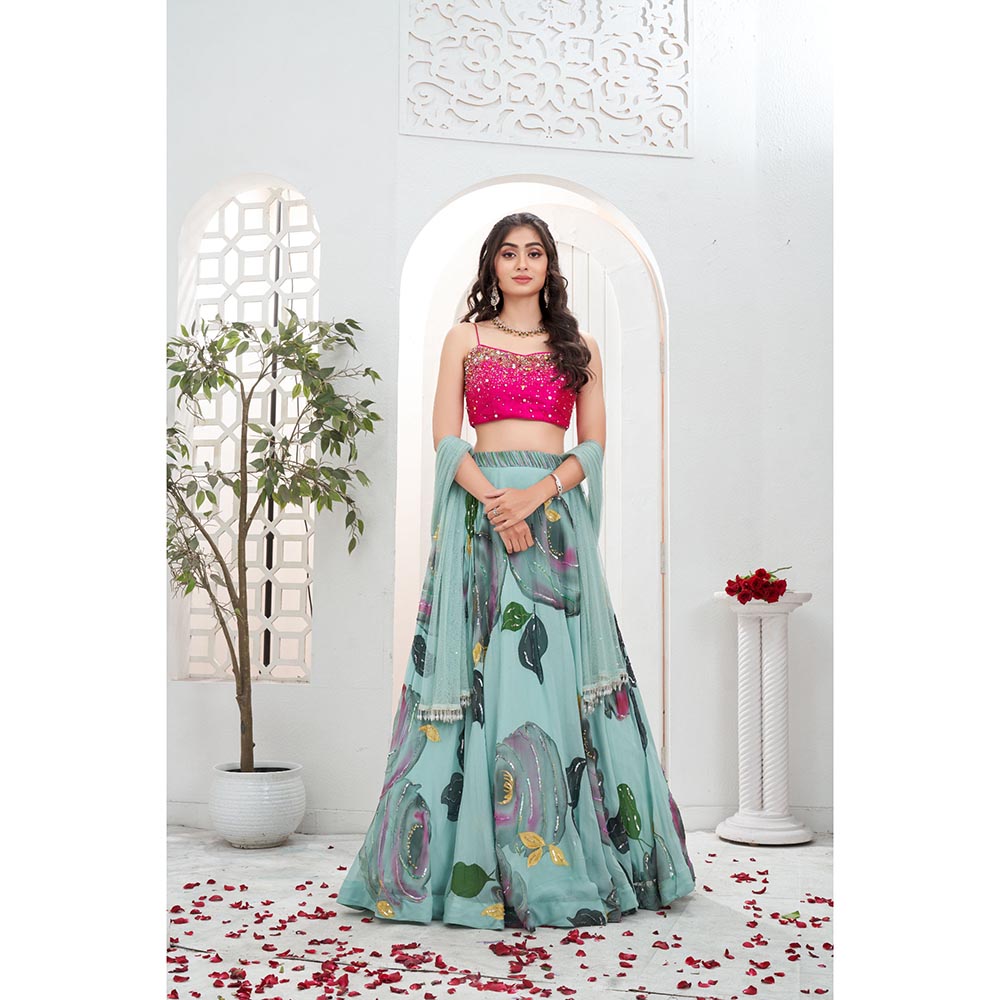 PRITI SAHNI DESIGNS Dusty Blue Embroidered Blouse with Lehenga & Dupatta