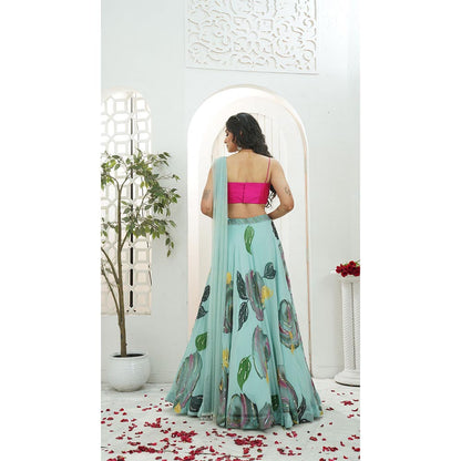 PRITI SAHNI DESIGNS Dusty Blue Embroidered Blouse with Lehenga & Dupatta