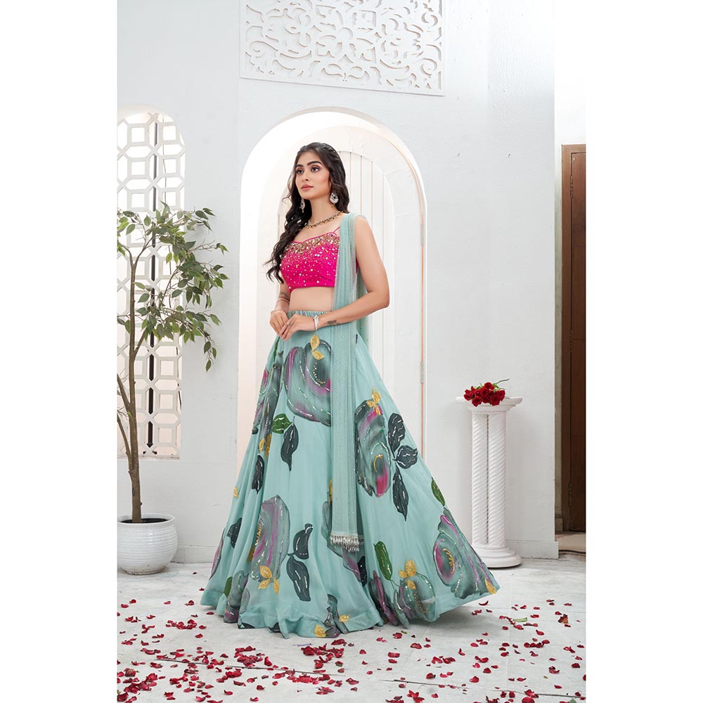 PRITI SAHNI DESIGNS Dusty Blue Embroidered Blouse with Lehenga & Dupatta