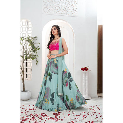 PRITI SAHNI DESIGNS Dusty Blue Embroidered Blouse with Lehenga & Dupatta