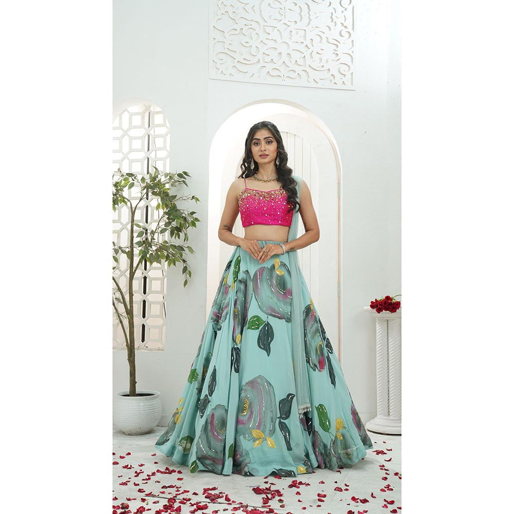 PRITI SAHNI DESIGNS Dusty Blue Embroidered Blouse with Lehenga & Dupatta