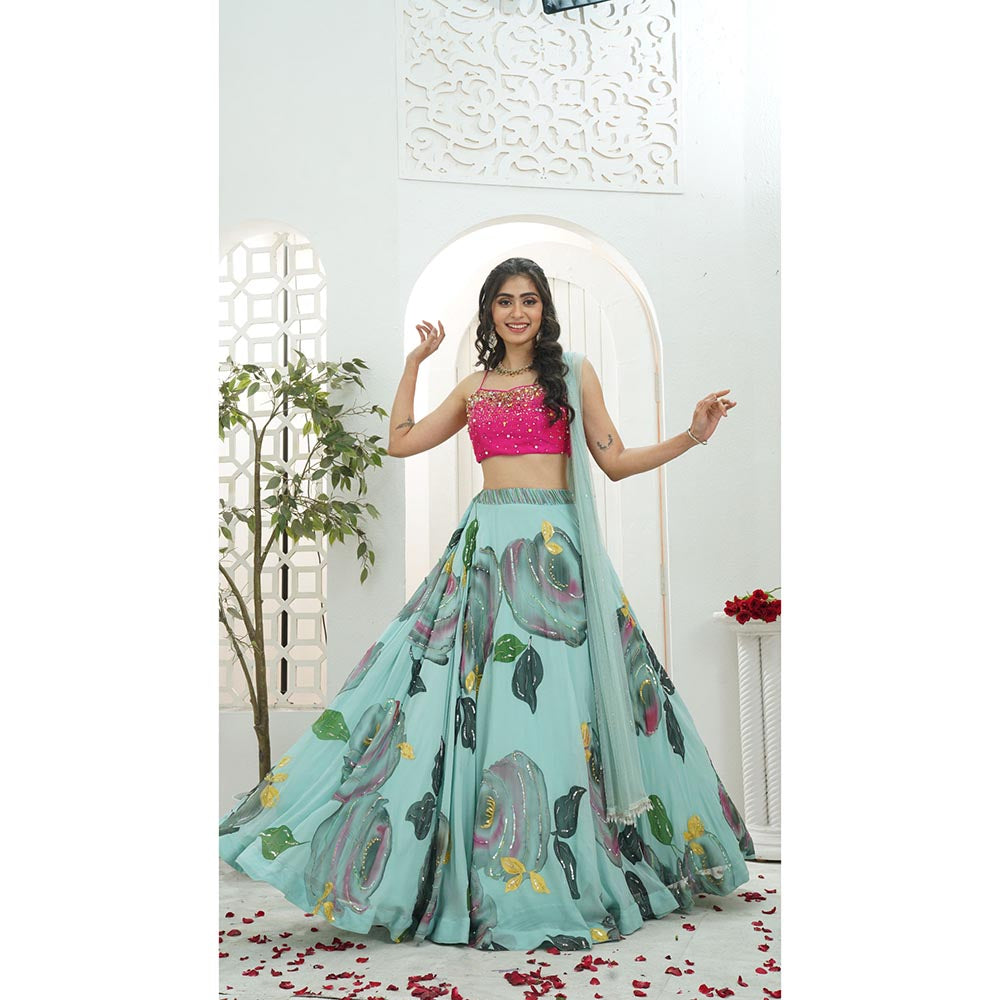 PRITI SAHNI DESIGNS Dusty Blue Embroidered Blouse with Lehenga & Dupatta