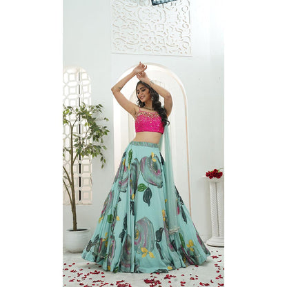 PRITI SAHNI DESIGNS Dusty Blue Embroidered Blouse with Lehenga & Dupatta