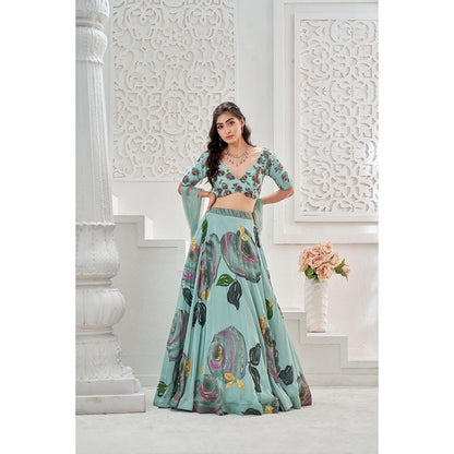 PRITI SAHNI DESIGNS Dusty Blue Embroidered Blouse with Lehenga & Dupatta