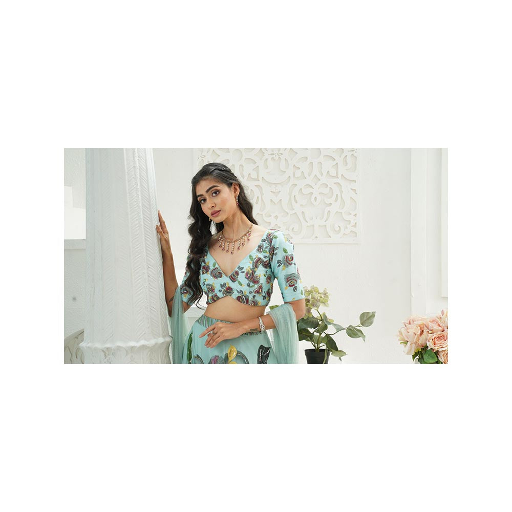 PRITI SAHNI DESIGNS Dusty Blue Embroidered Blouse with Lehenga & Dupatta