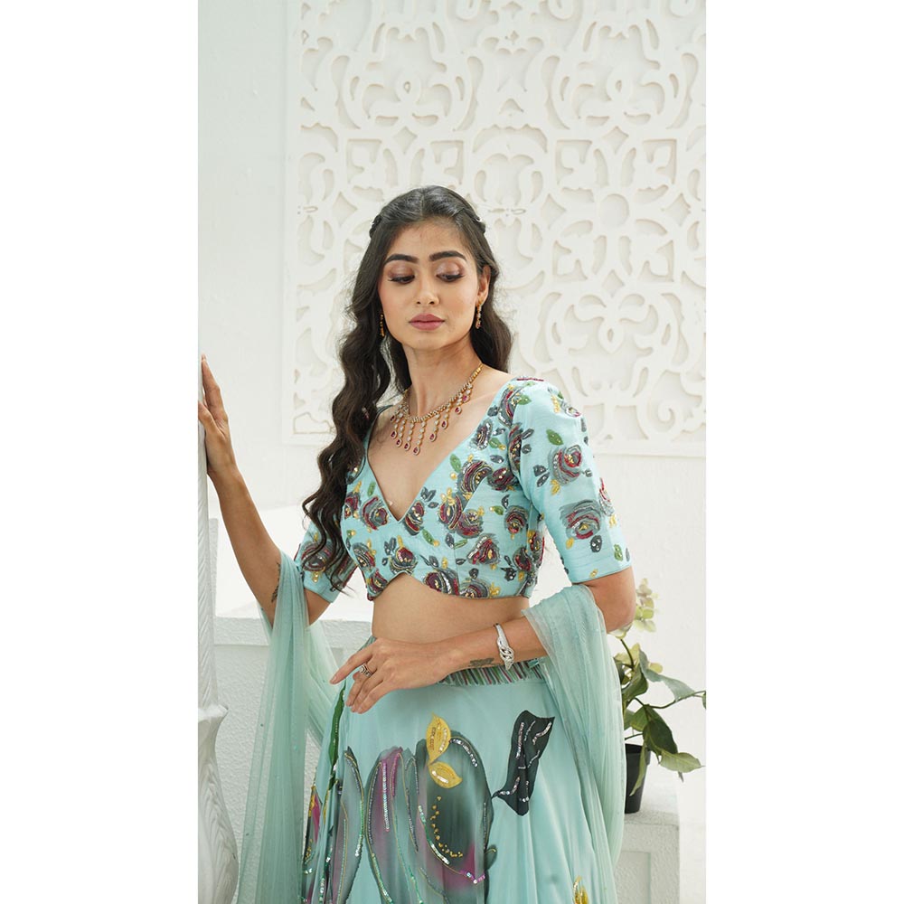PRITI SAHNI DESIGNS Dusty Blue Embroidered Blouse with Lehenga & Dupatta