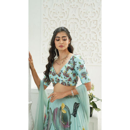 PRITI SAHNI DESIGNS Dusty Blue Embroidered Blouse with Lehenga & Dupatta