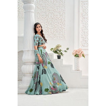 PRITI SAHNI DESIGNS Dusty Blue Embroidered Blouse with Lehenga & Dupatta