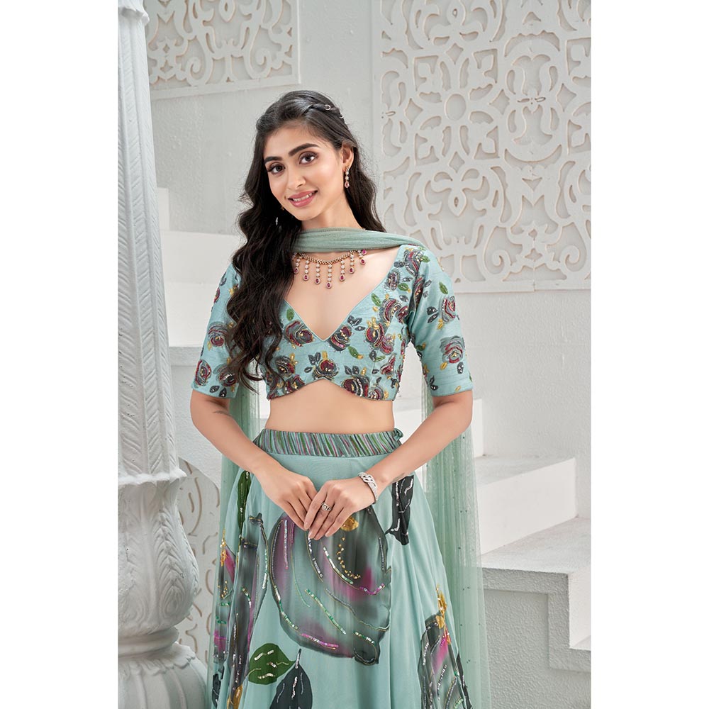 PRITI SAHNI DESIGNS Dusty Blue Embroidered Blouse with Lehenga & Dupatta