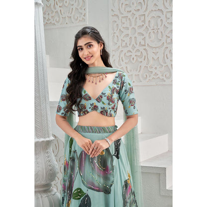 PRITI SAHNI DESIGNS Dusty Blue Embroidered Blouse with Lehenga & Dupatta