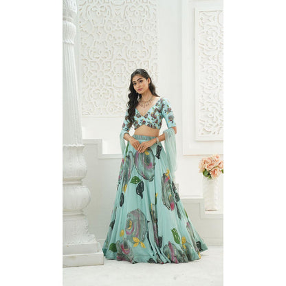 PRITI SAHNI DESIGNS Dusty Blue Embroidered Blouse with Lehenga & Dupatta