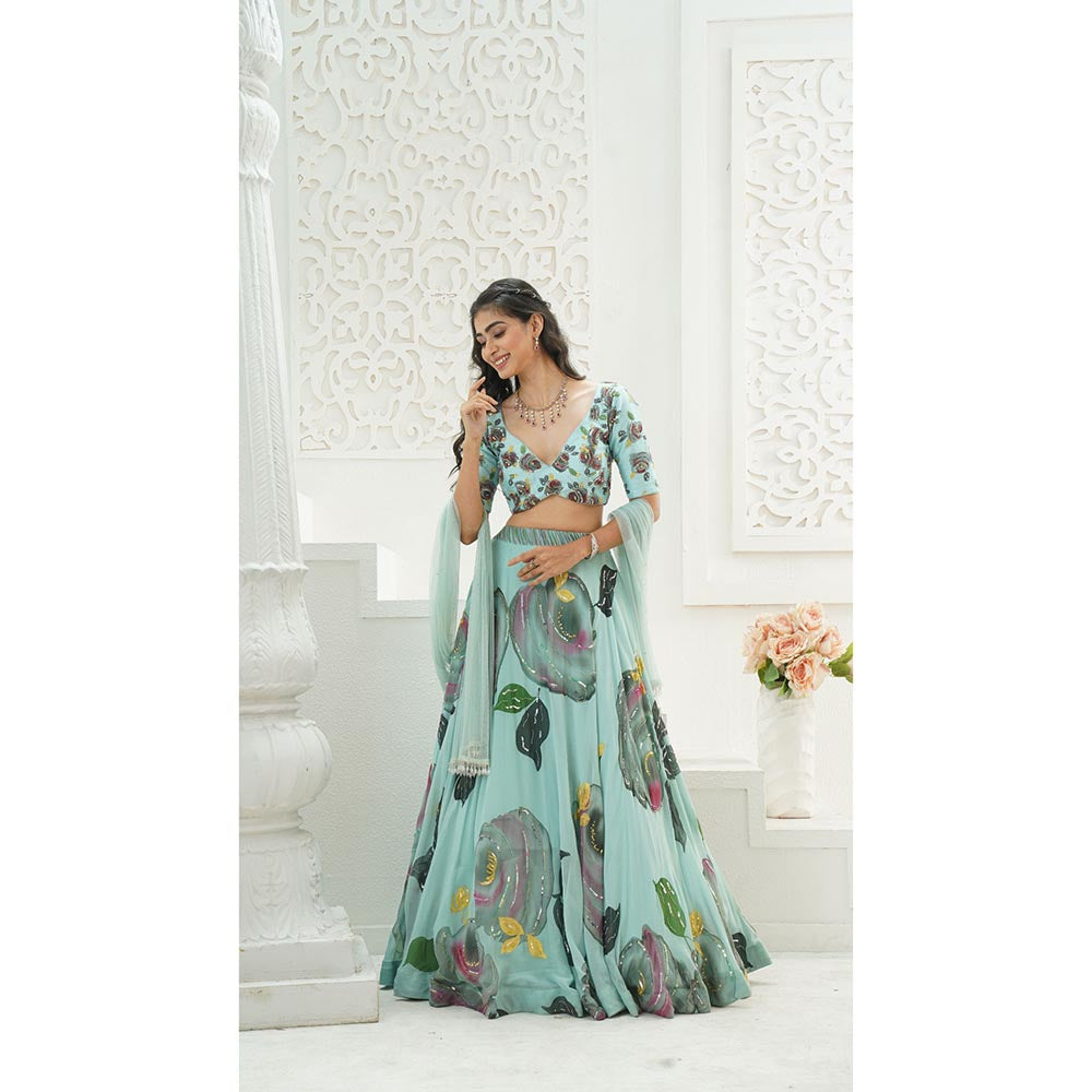 PRITI SAHNI DESIGNS Dusty Blue Embroidered Blouse with Lehenga & Dupatta