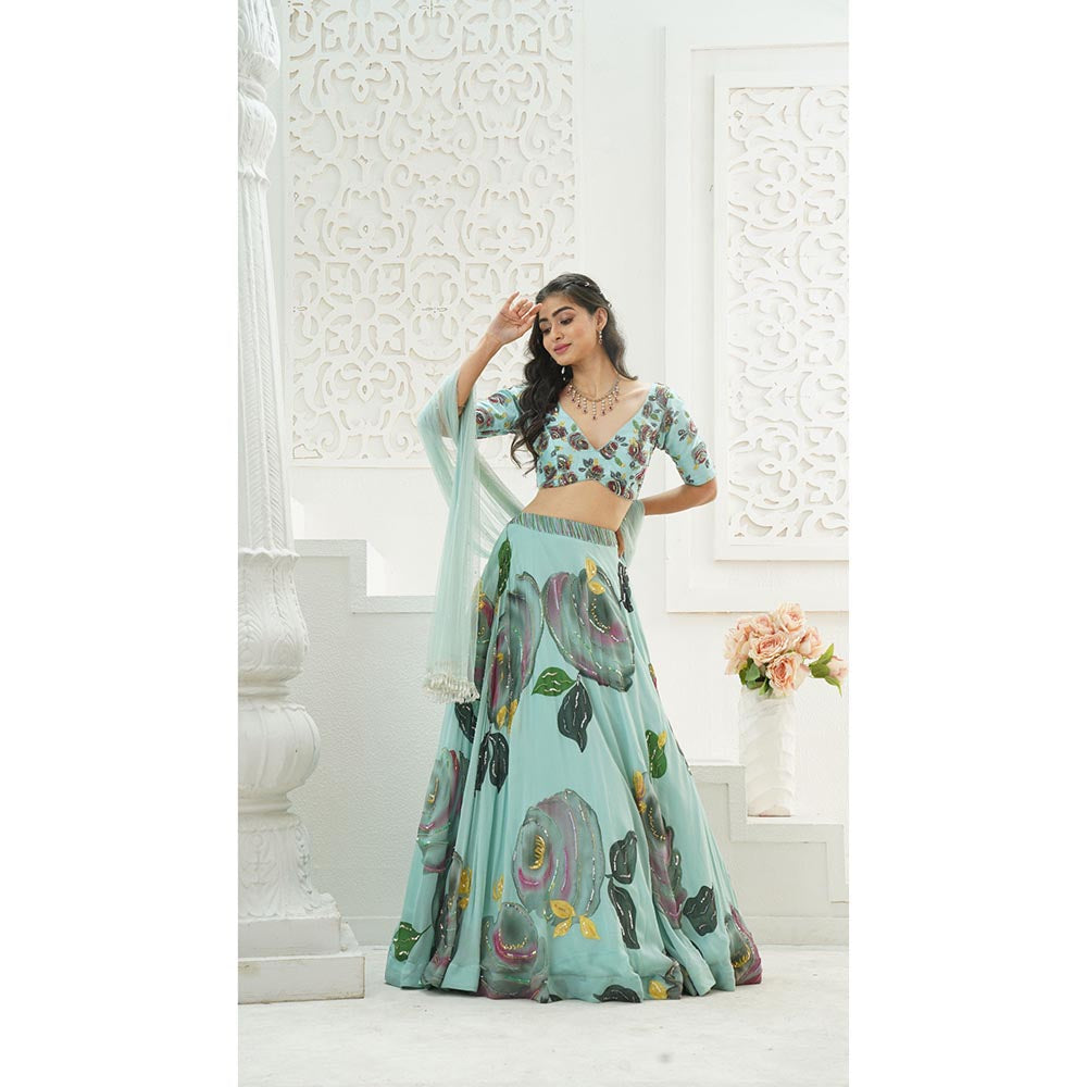 PRITI SAHNI DESIGNS Dusty Blue Embroidered Blouse with Lehenga & Dupatta